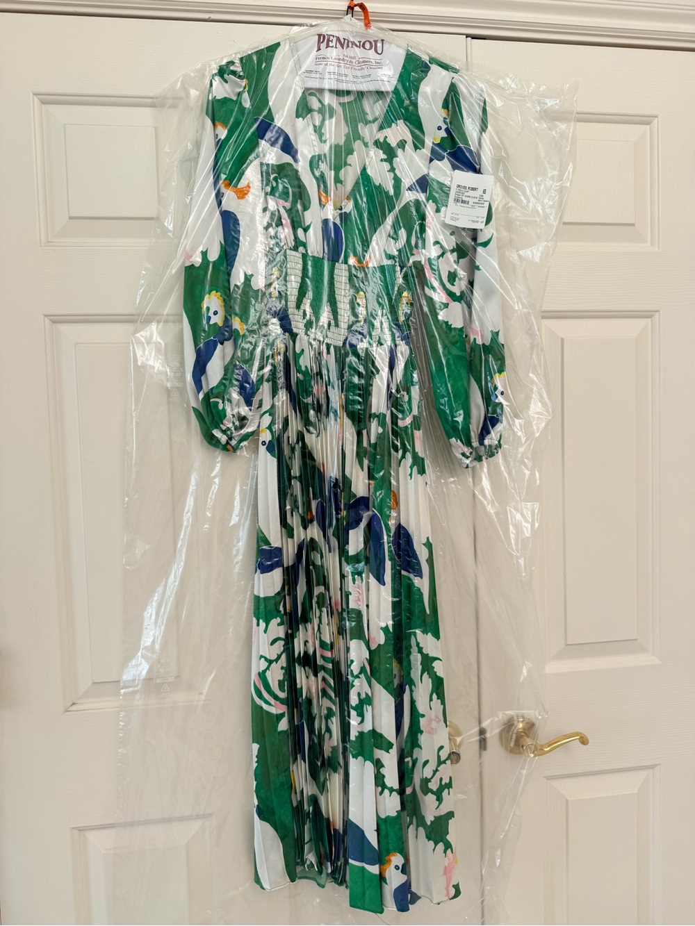 Traffic People Green, White & Blue V-Neck Long Sleeve Floral Pleated Dress - Picture 4 of 14